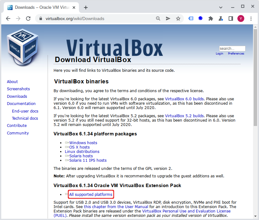 Загрузка VirtualBox Extension Pack