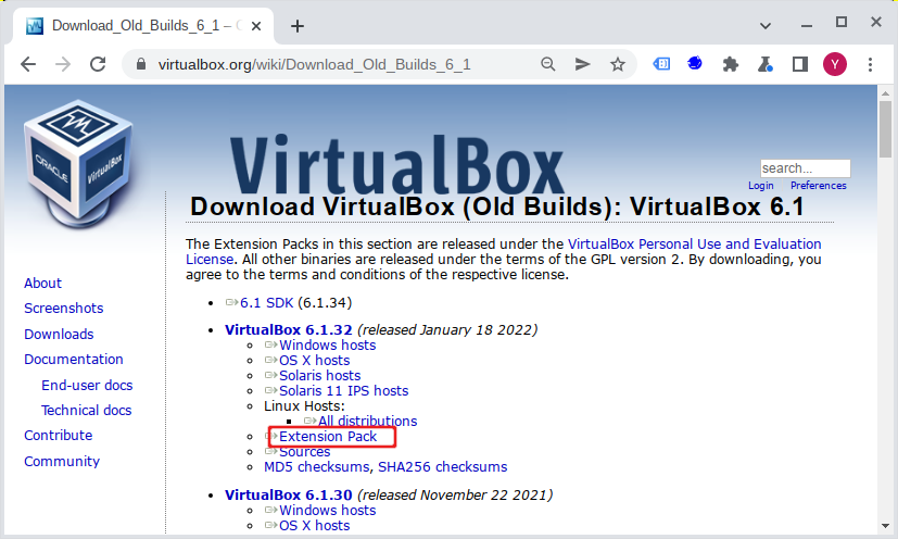 Загрузка VirtualBox Extension Pack (выбор версии)